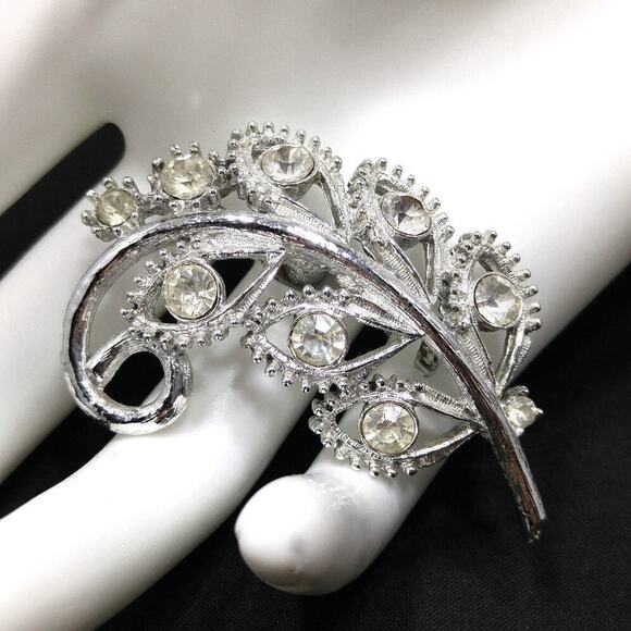 Vintage Silver Tone Clear Rhinestone Floral Spray Brooch, 2 Inches - Picture 1 of 5